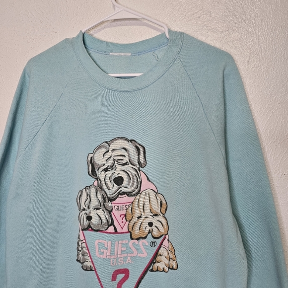 Vintage Guess USA Puppy Crewneck Sweatshirt Blue Pink 80's Women's Size Small - Picture 2 of 12